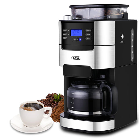 Gevi built-in burr grinder for fresh grounds and aroma.
