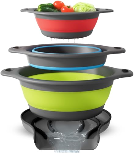 Gevoli collapsible colander on sink in blue with self-draining base.