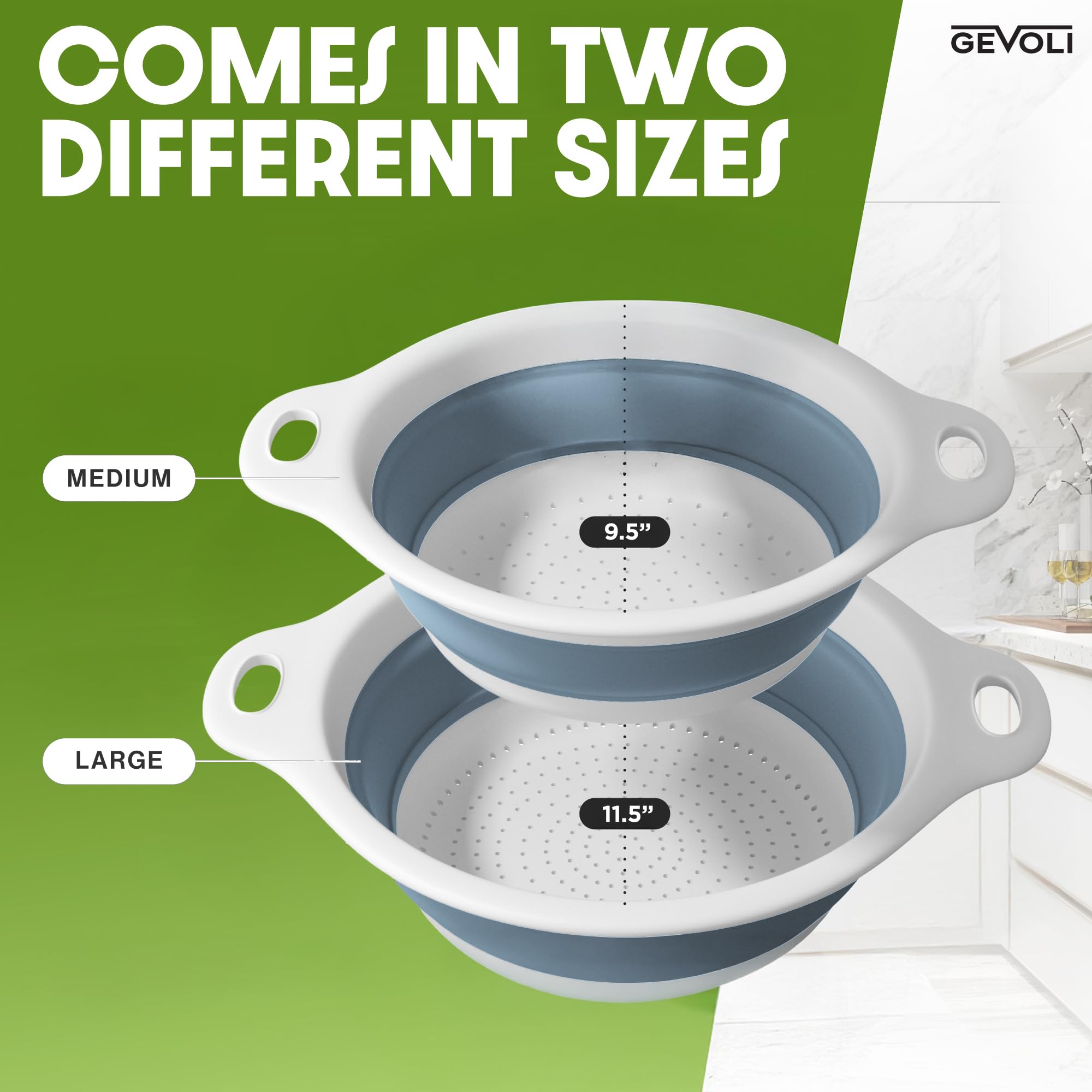 Gevoli collapsible colander storage flat saves cabinet space after use