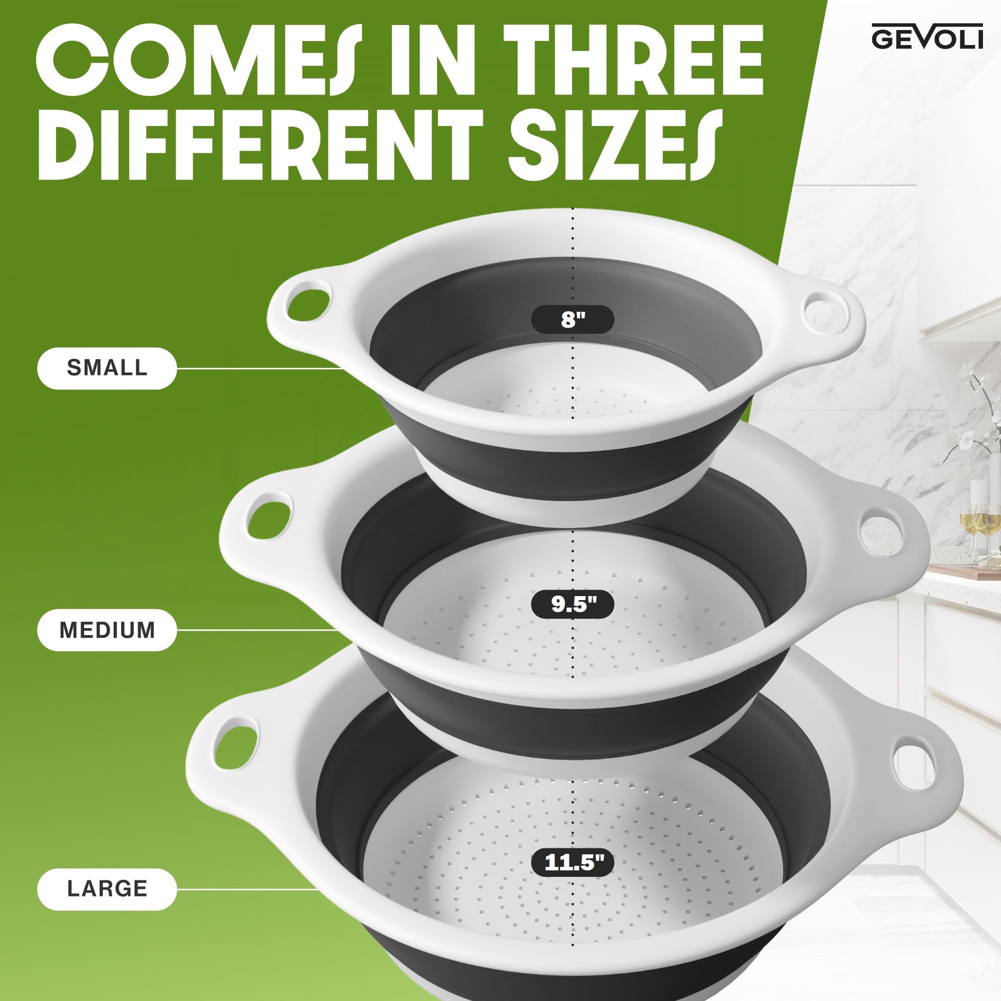 Gevoli 5qt colander set shows versatile cooking prep and easy drainage.