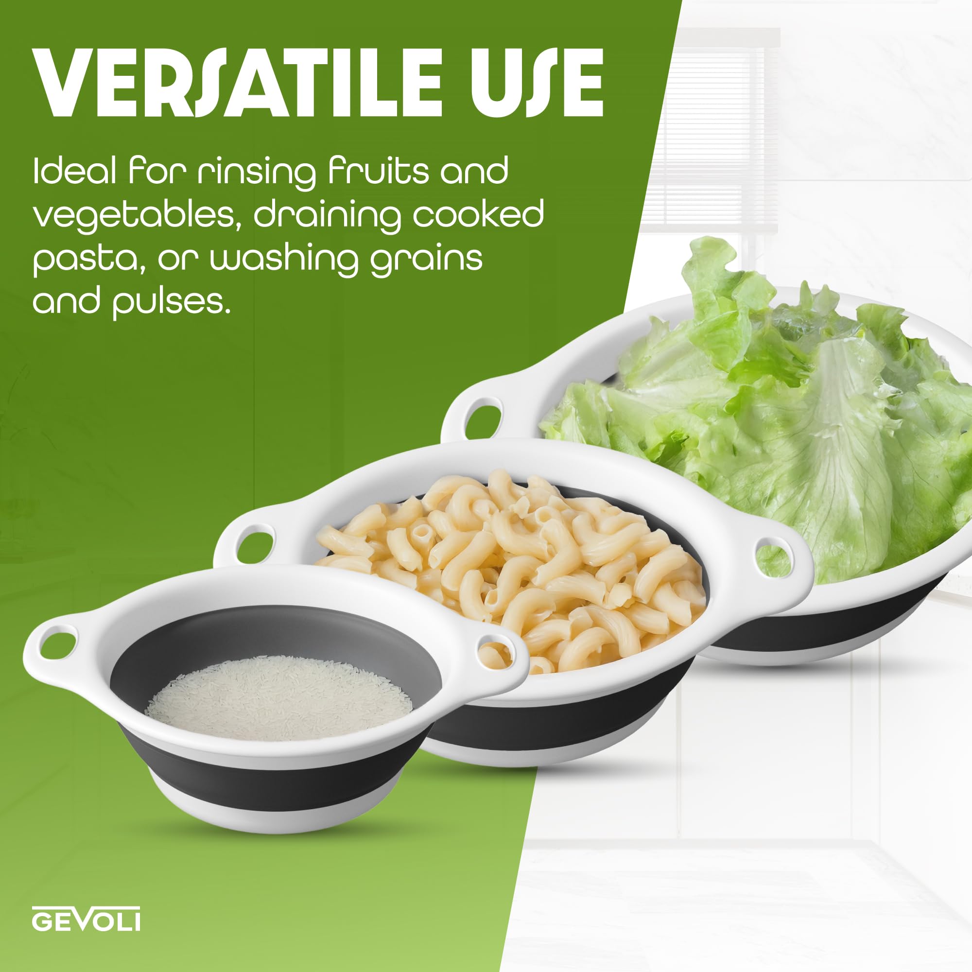 Gevoli set includes 3qt, 4qt, and 5qt strainers for versatile prep.