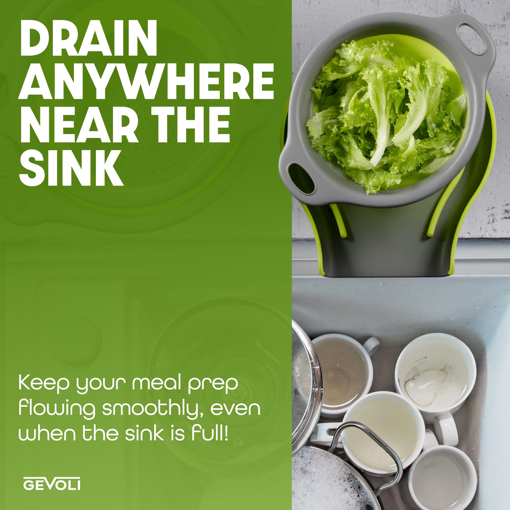 Gevoli nesting 3 pack collapsible colanders for compact kitchen storage.
