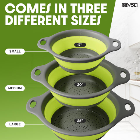 Gevoli large collapsible colander shown with over sink edge for easy draining.