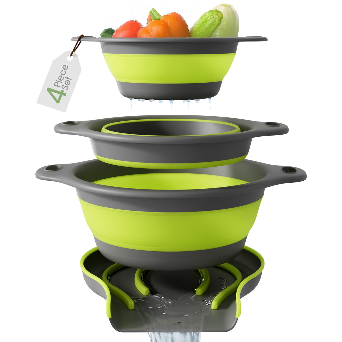 Gevoli small collapsible colander with self draining base for space saving use.