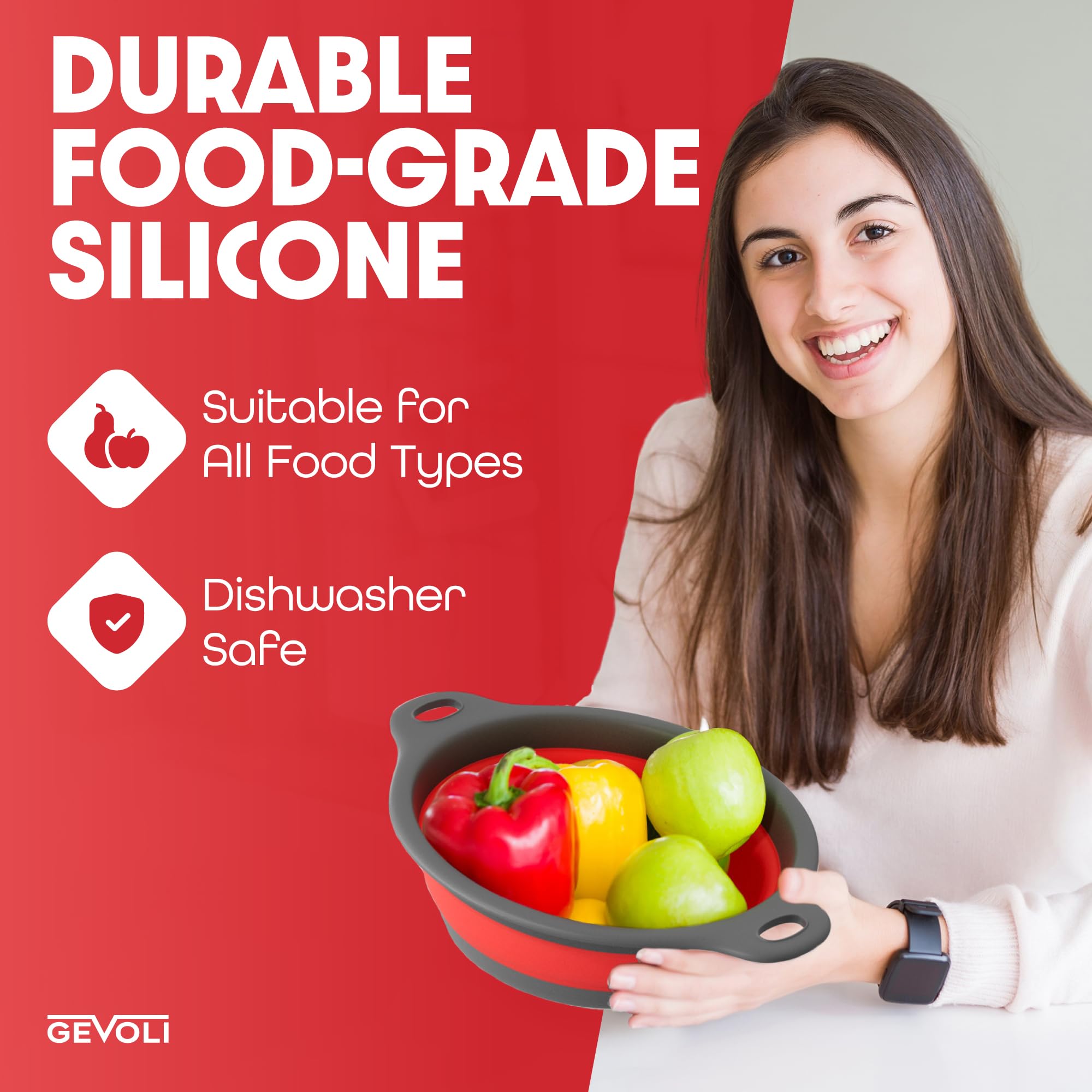 Gevoli BPA-free materials ensure safe food handling while rinsing produce.