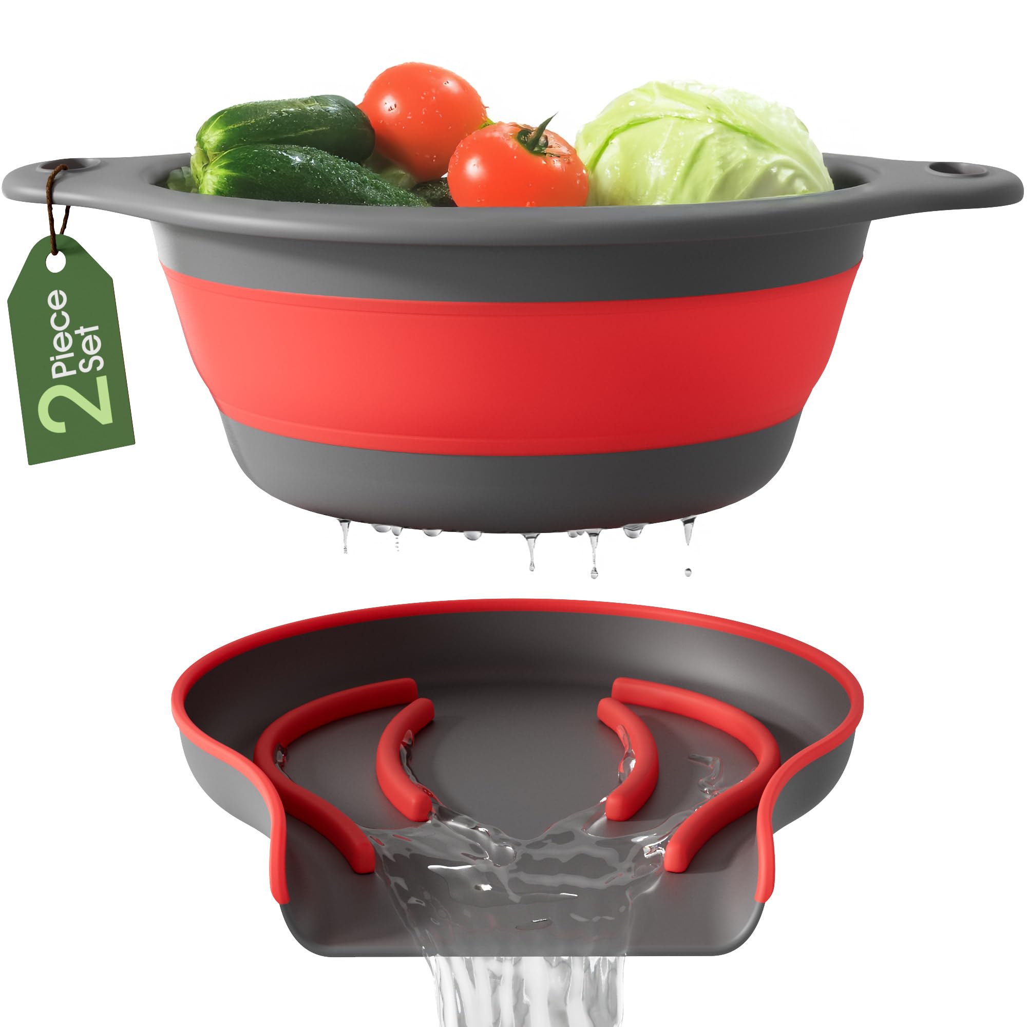 Gevoli strainer with self-draining base in red and gray for efficient water drainage.