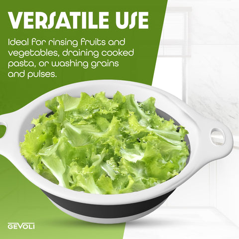 Gevoli colander handles vegetables, fruit, and pasta with reliable rinsing capability.