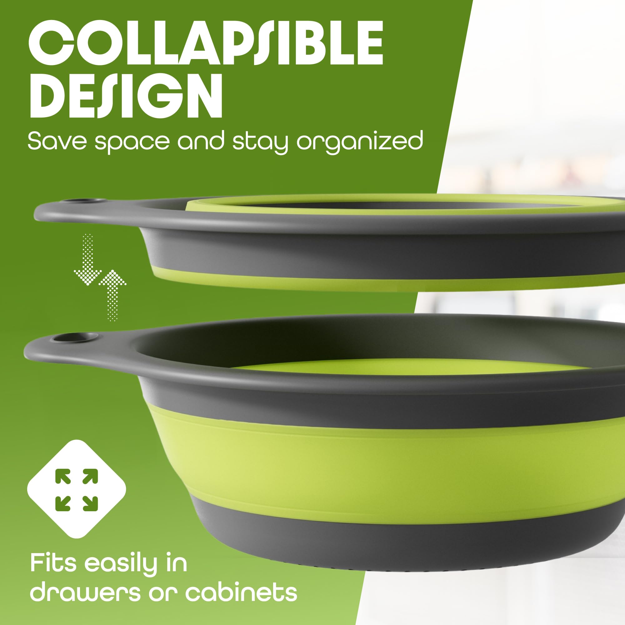 Gevoli collapsible colander expanded to 13.5 by 11.5 inches for easy cooking prep