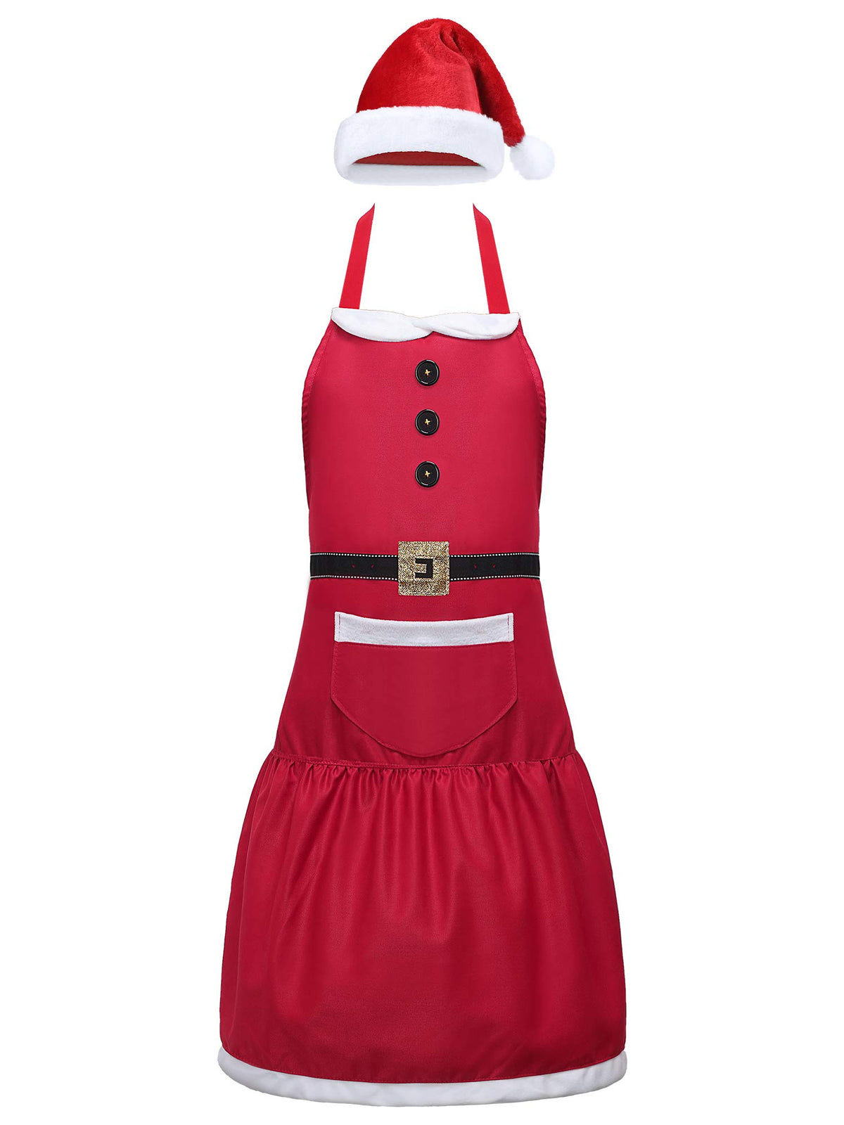 Geyoga Christmas Santa apron front view with hat for festive cooking