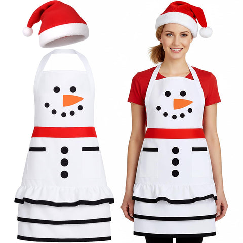 Geyoga winter apron with snowman hat protects clothes during baking.