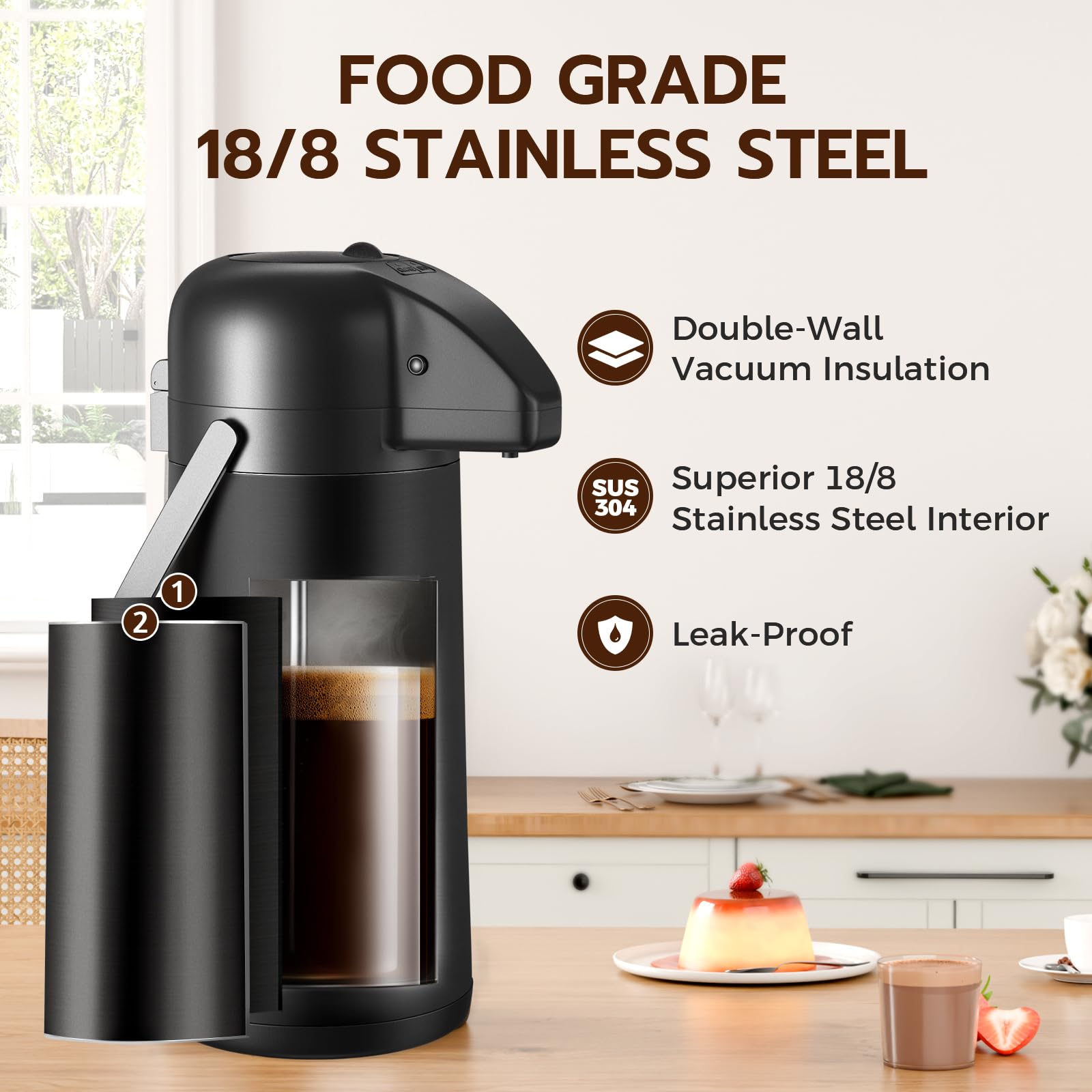 Gezoss insulated airpot keeps beverages hot for hours without flavor loss.