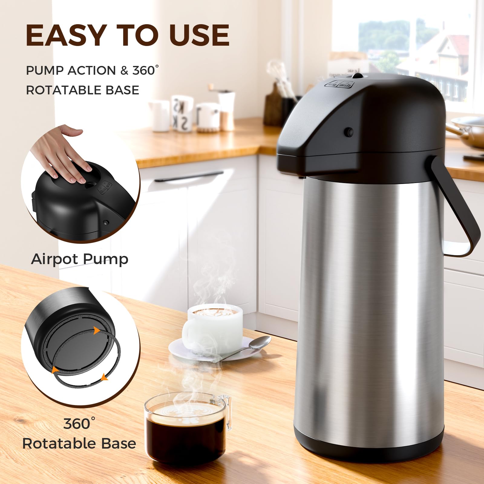 Gezoss coffee carafe swivel base enabling versatile serving angles