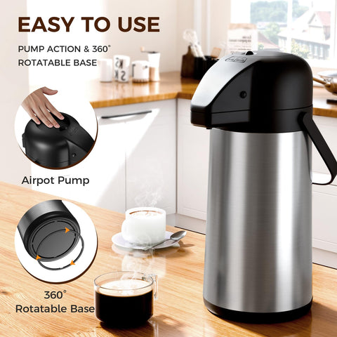 Gezoss pump-action top enables spill-free, controlled beverage pouring.