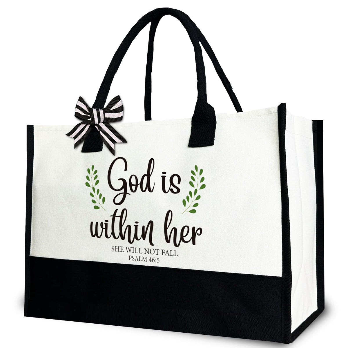 Gezred God Is Within Her tote bag front view with inspirational design for daily faith.