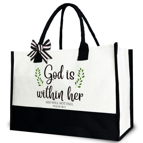 Gezred God Is Within Her tote bag front view with inspirational design for daily faith.