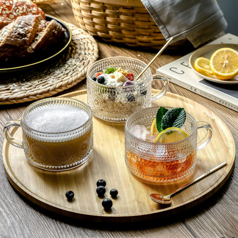 Gezzeny embossed design mug with curved handle for a comfortable grip.