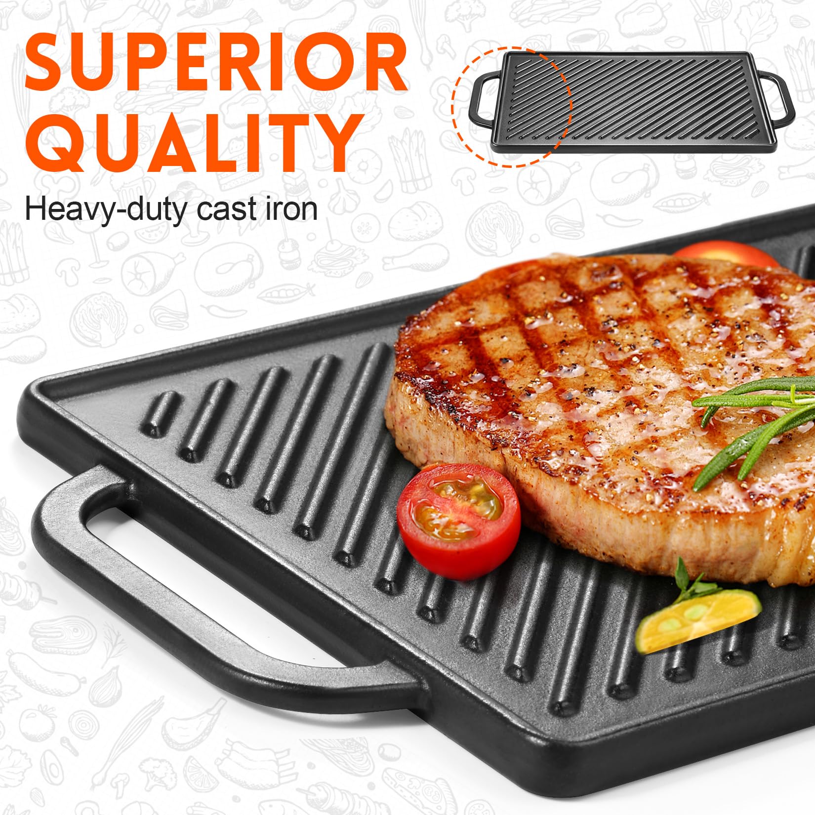 GGC cast iron matte coating for even heat and lasting performance.