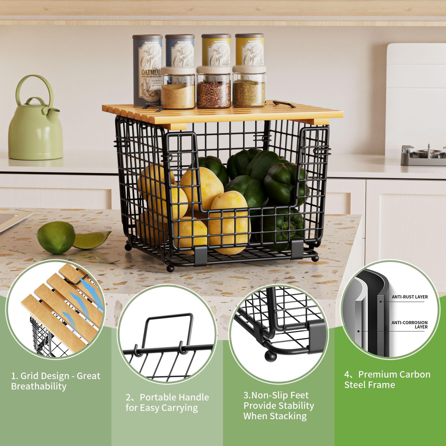 GGIU non-slip feet stabilize the basket during use and stacking