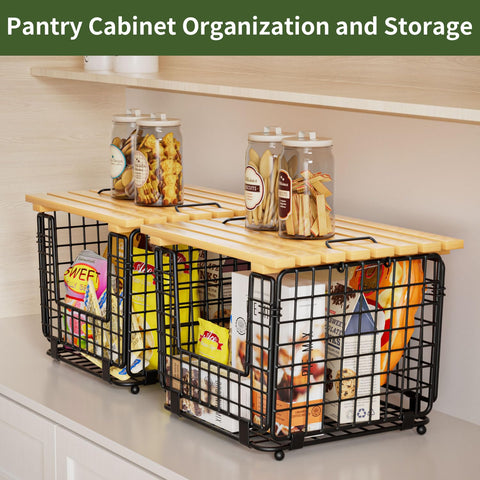 GGIU stackable basket with wooden lid for pantry organization