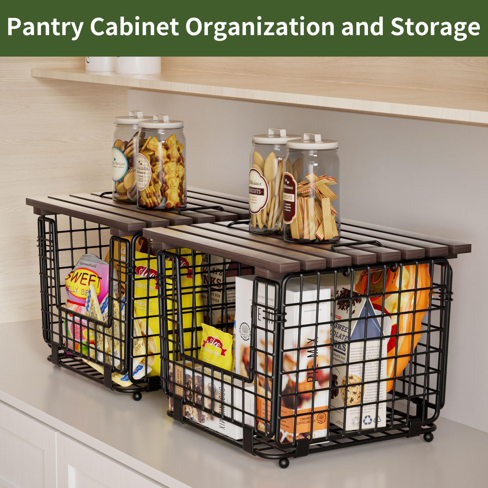 GGIU stackable wire basket with wood lid on surface for secure stacking.