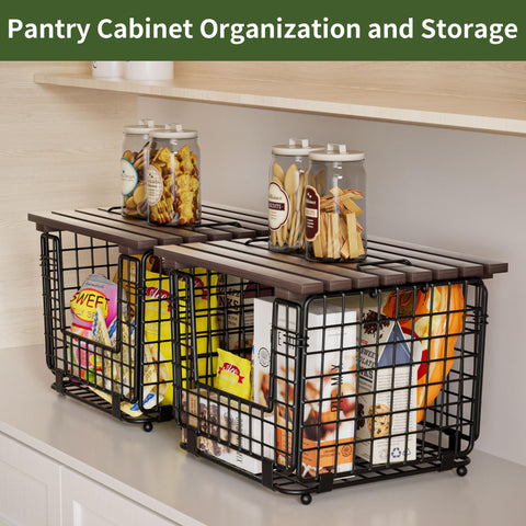 GGIU stackable wire basket with wood lid on surface for secure stacking.
