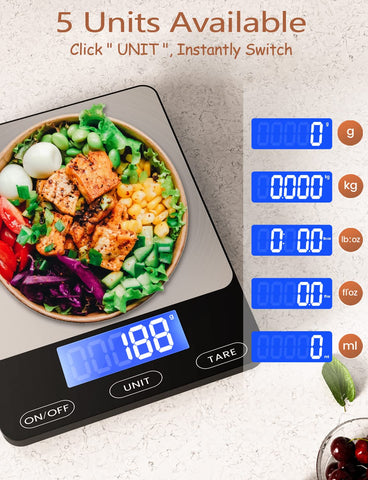 GGQ Food Scale unit display with g/kg and oz/ml options for versatile cooking