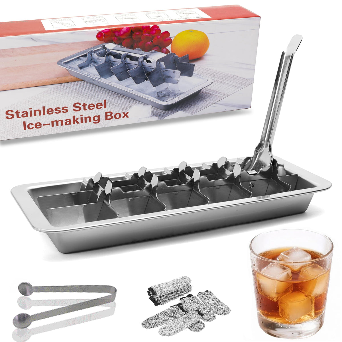 GHAHILI stainless steel ice cube tray with lever release for quick pop-out cubes.