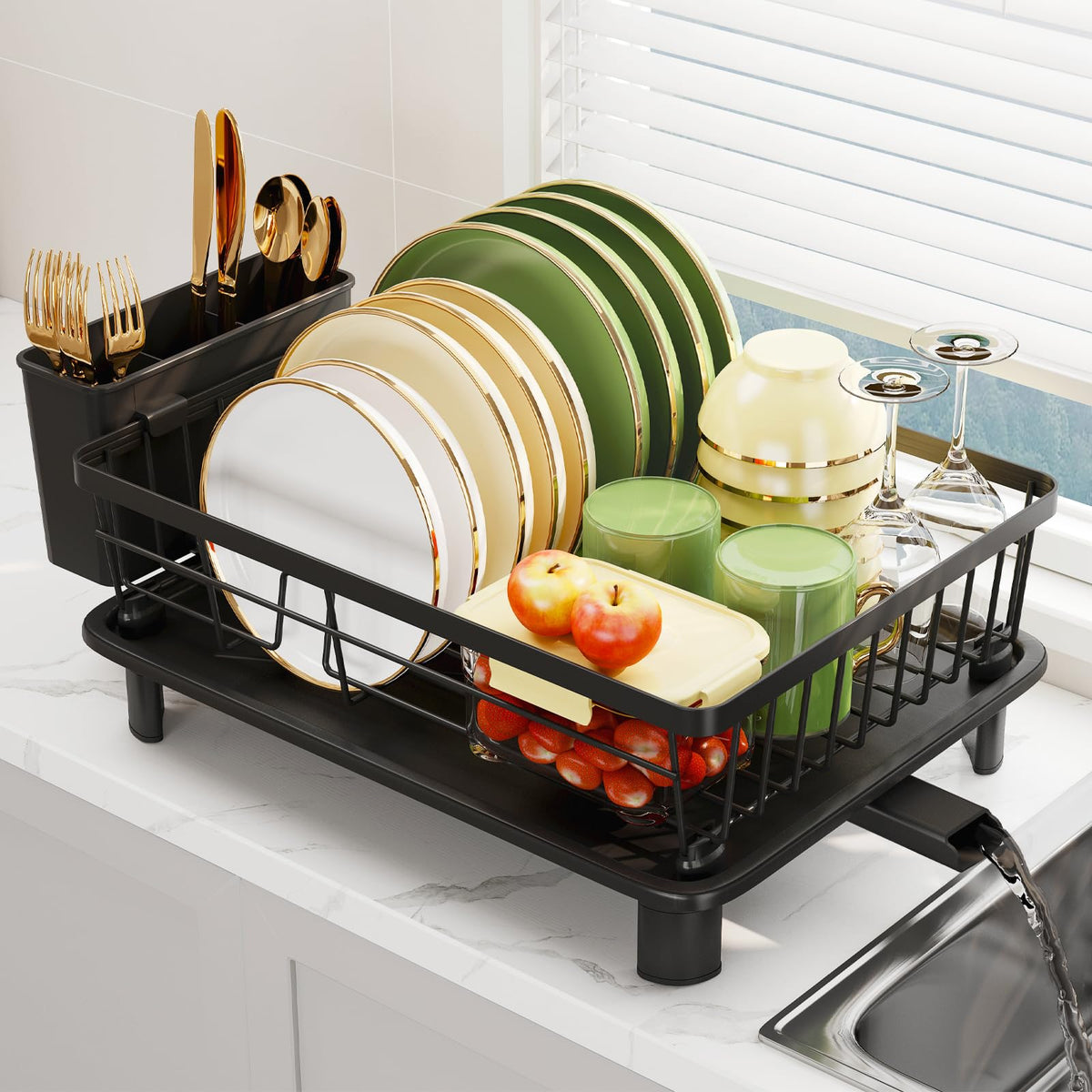 GHERISN dish drainer with drip tray keeps countertops dry and organized