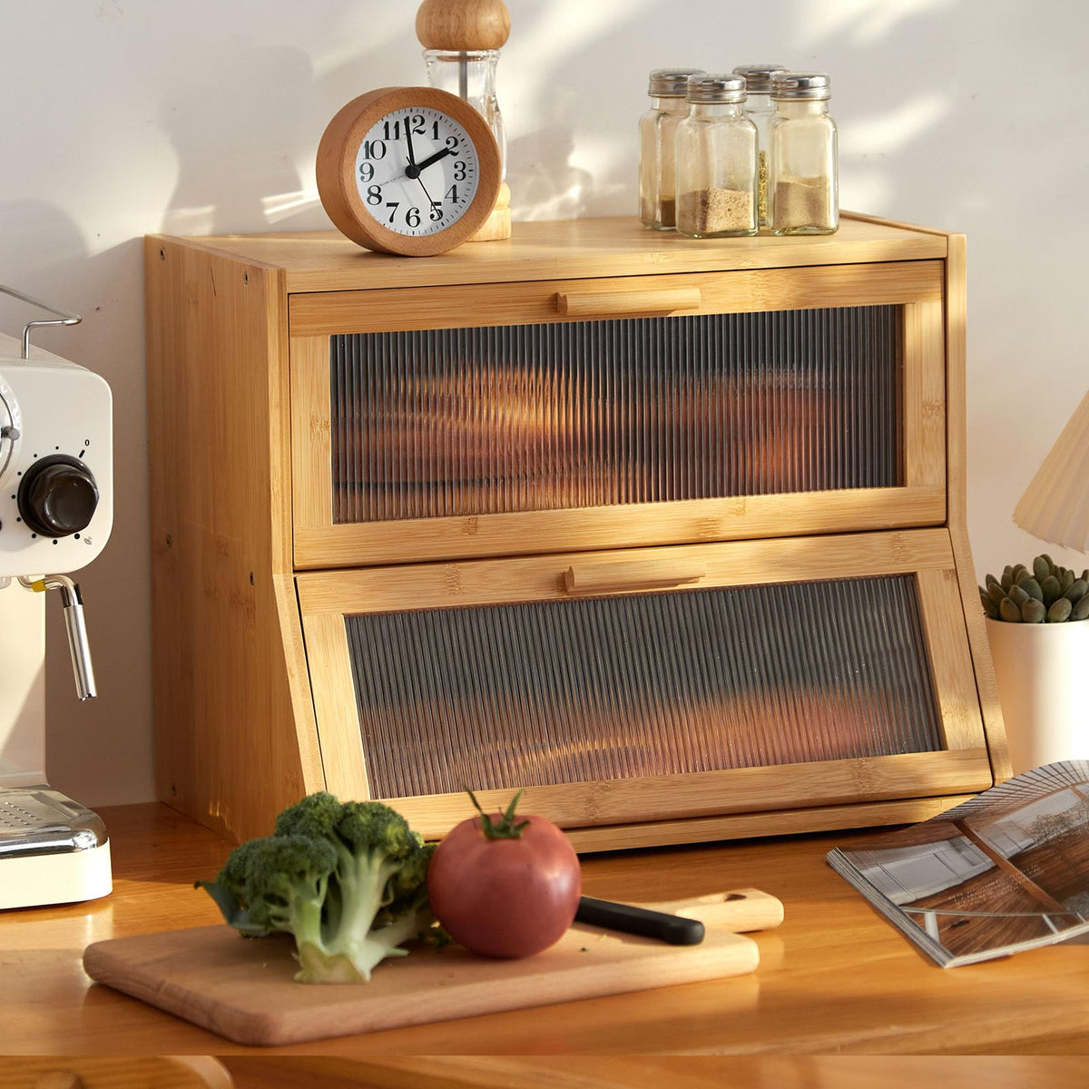 GHWIE Double Layer Bread Box front view shows space-saving storage