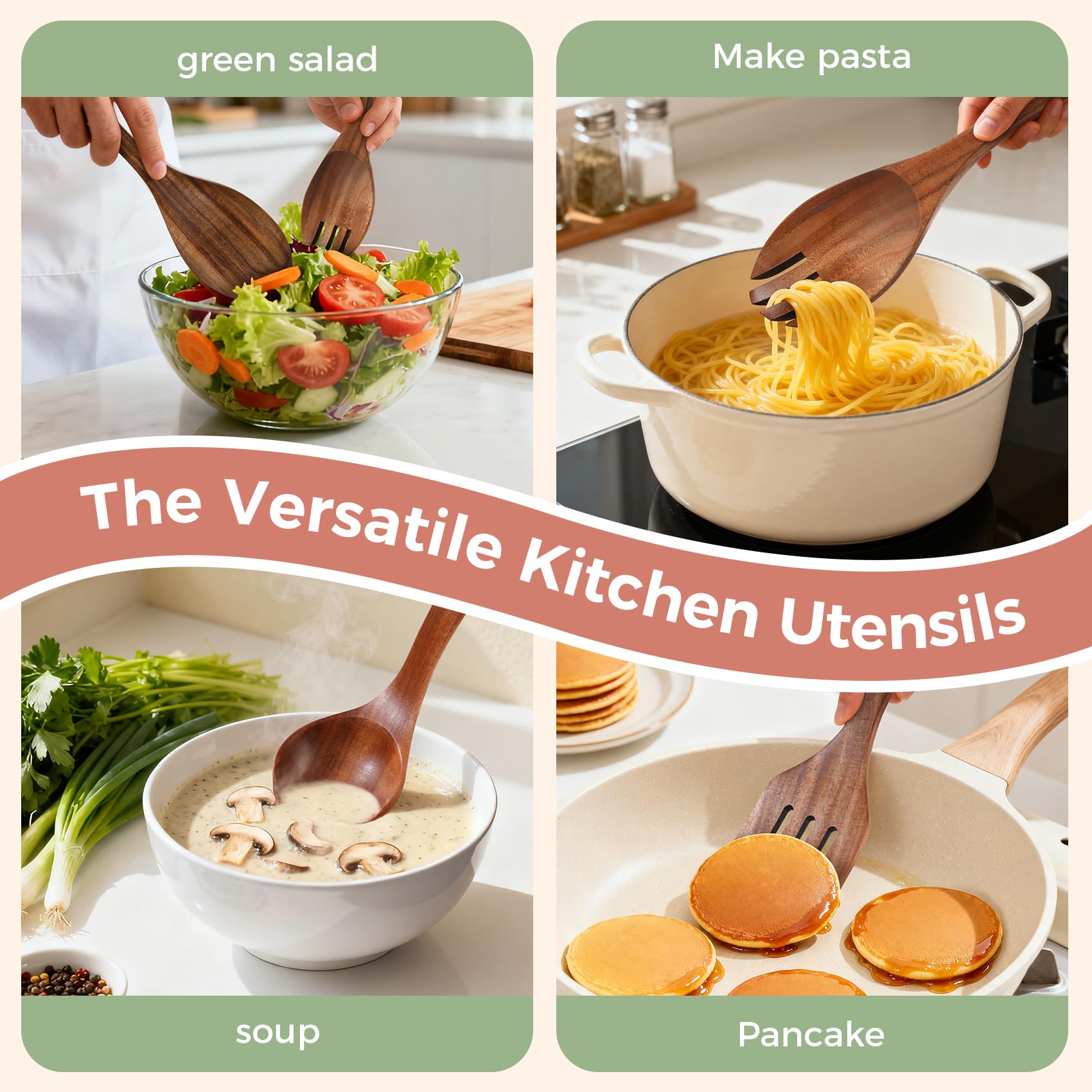 GianAbor nonstick-safe wooden utensil design protects cookware.