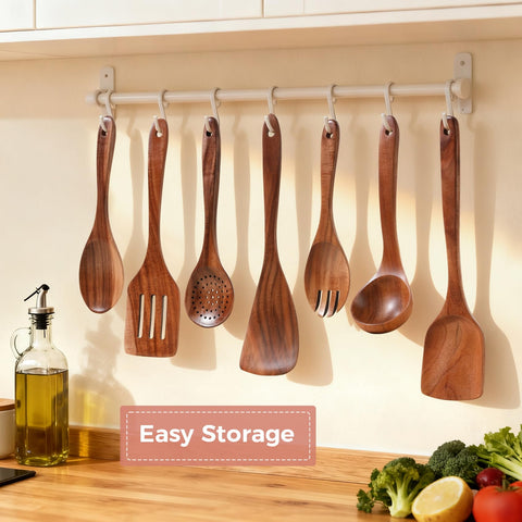 GianAbor wooden utensils on storage rack saving space.