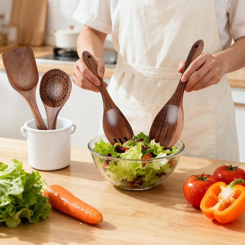 GianAbor teak wood utensils texture close-up showing natural grain and durability.