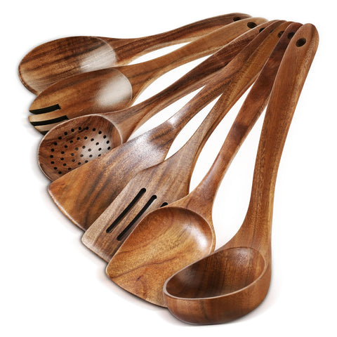 GianAbor 7-piece wooden spoons set for versatile cooking and nonstick compatibility.
