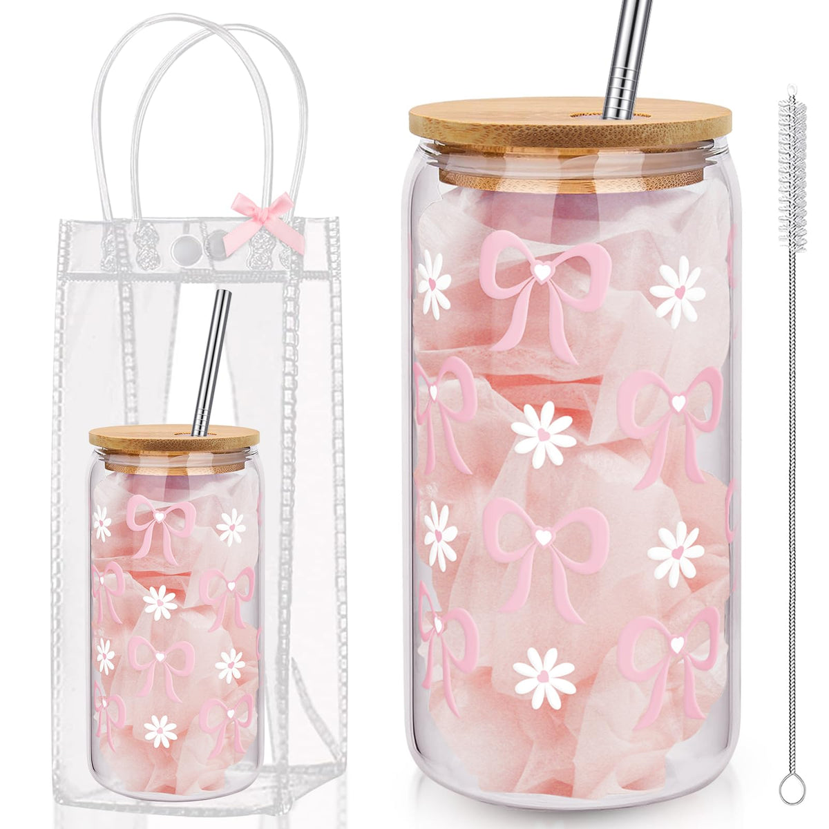 Giesiery Coquette bow glass with bamboo lid for stylish daily sipping