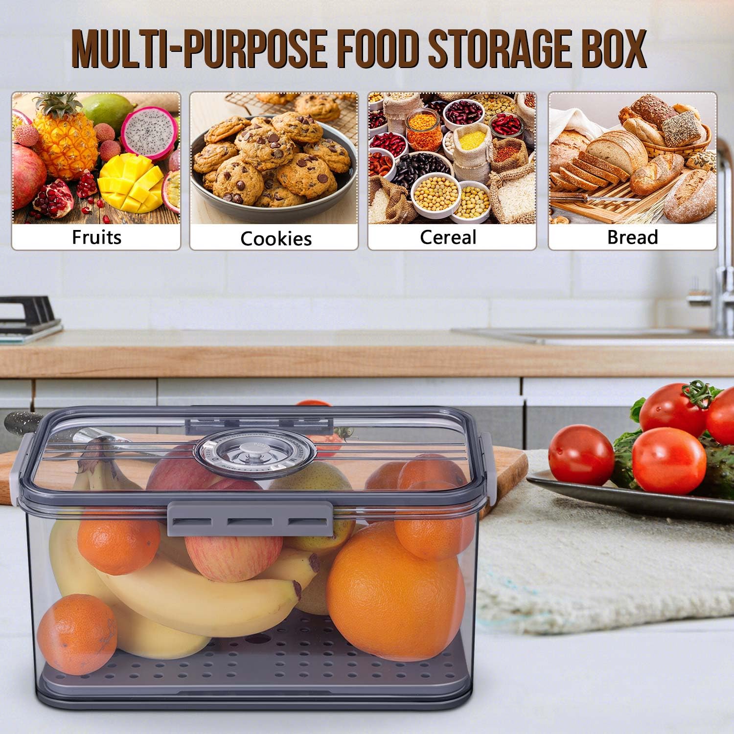 Gifhomfix bread box on kitchen counter stores cookies, bagels, and snacks.