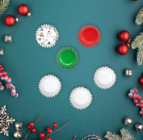 Gift Boutique display-ready packaging showing three festive cupcake liner designs.