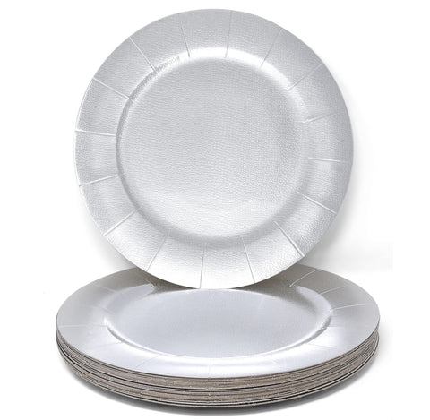 Gift Boutique disposable charger plates close-up, wide rim to prevent spills.