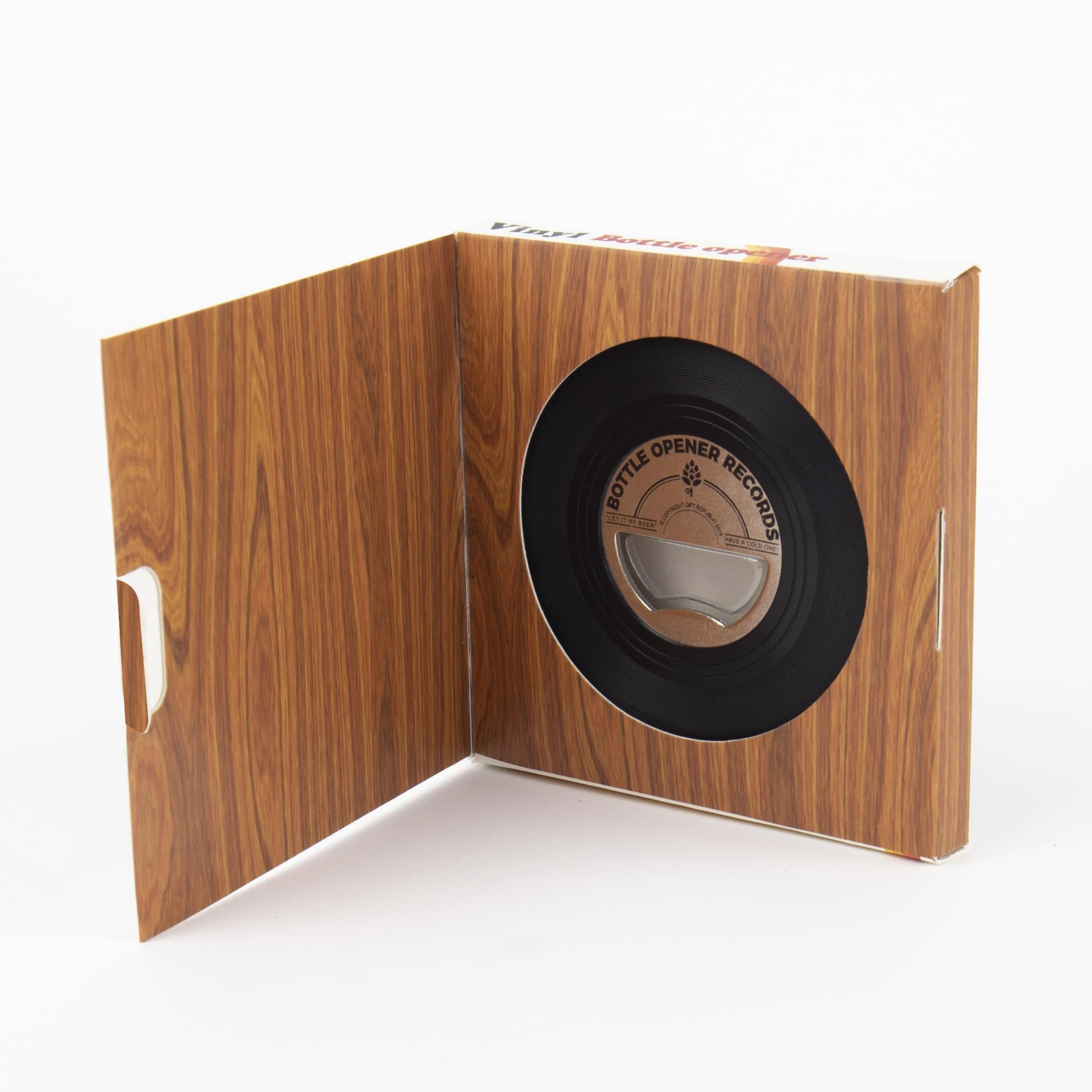 Gift Republic vinyl bottle opener side view, durable built for everyday use