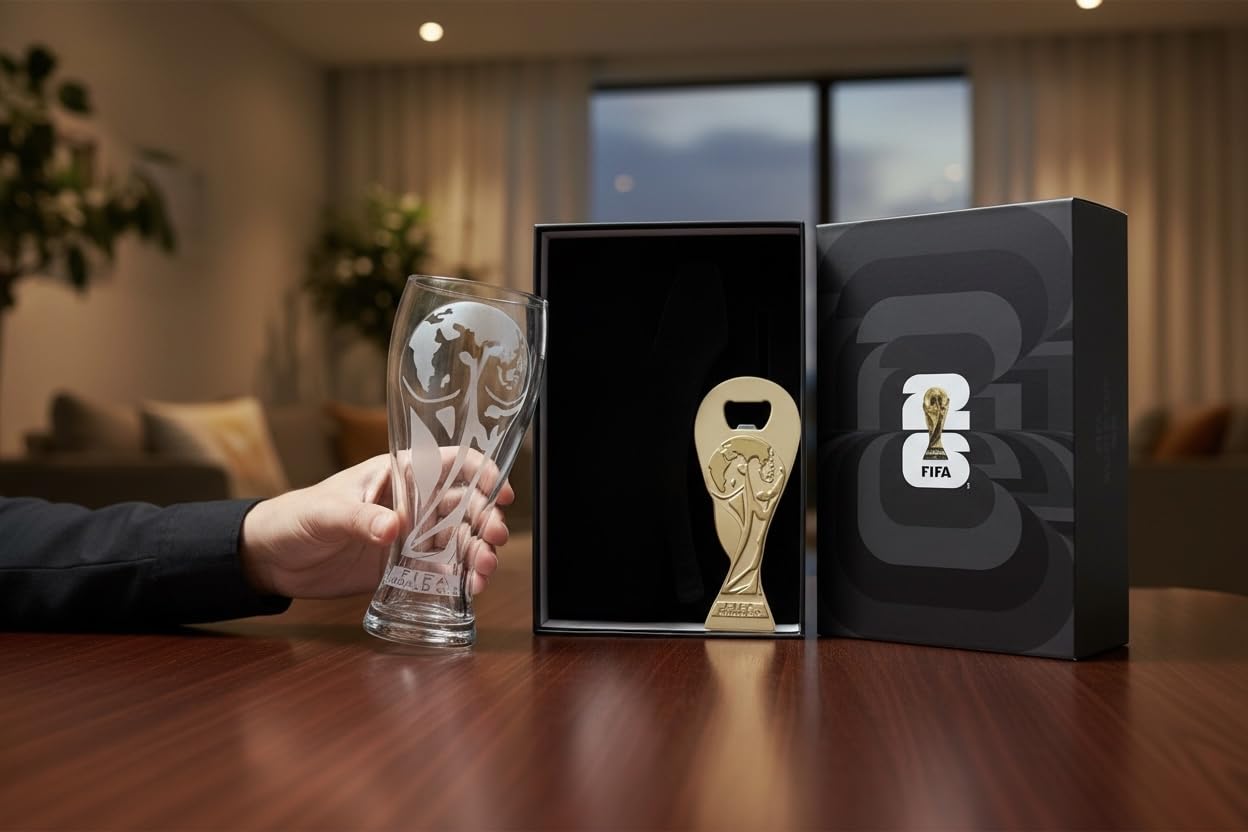 Gift-set presentation with pilsner glass and trophy opener, ready for gifting.