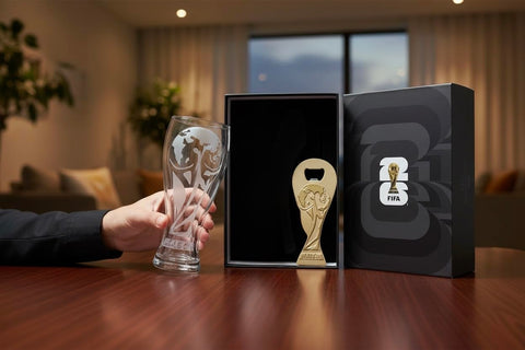 Gift-set presentation with pilsner glass and trophy opener, ready for gifting.