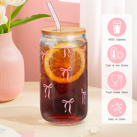 GiftPeak bow-design glass cup offers cozy elegance for coffee or tea