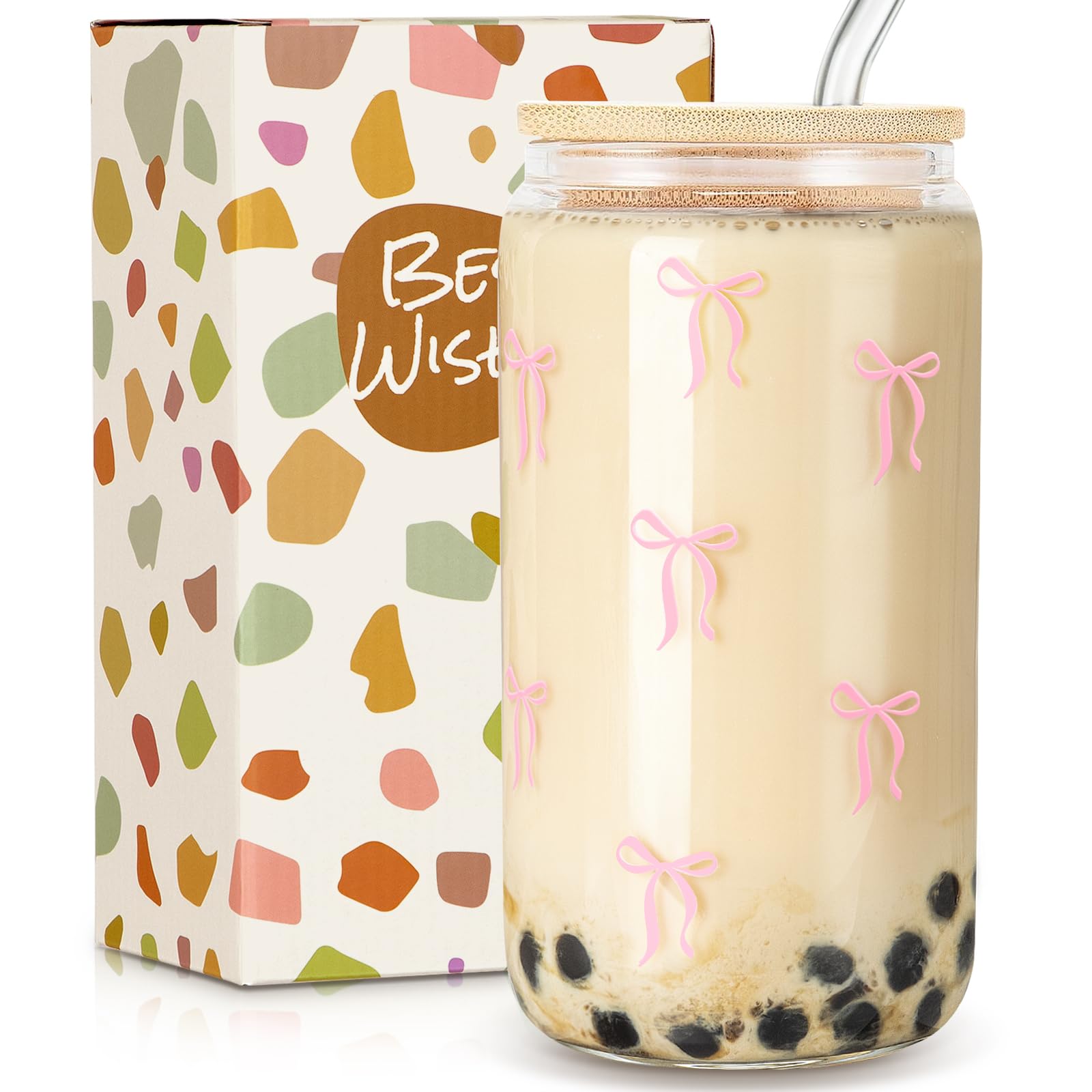 GiftPeak cute glass cup with lids and straws for daily beverages