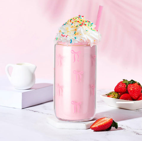 GiftPeak easy-clean bow glass cup with straw and brush included