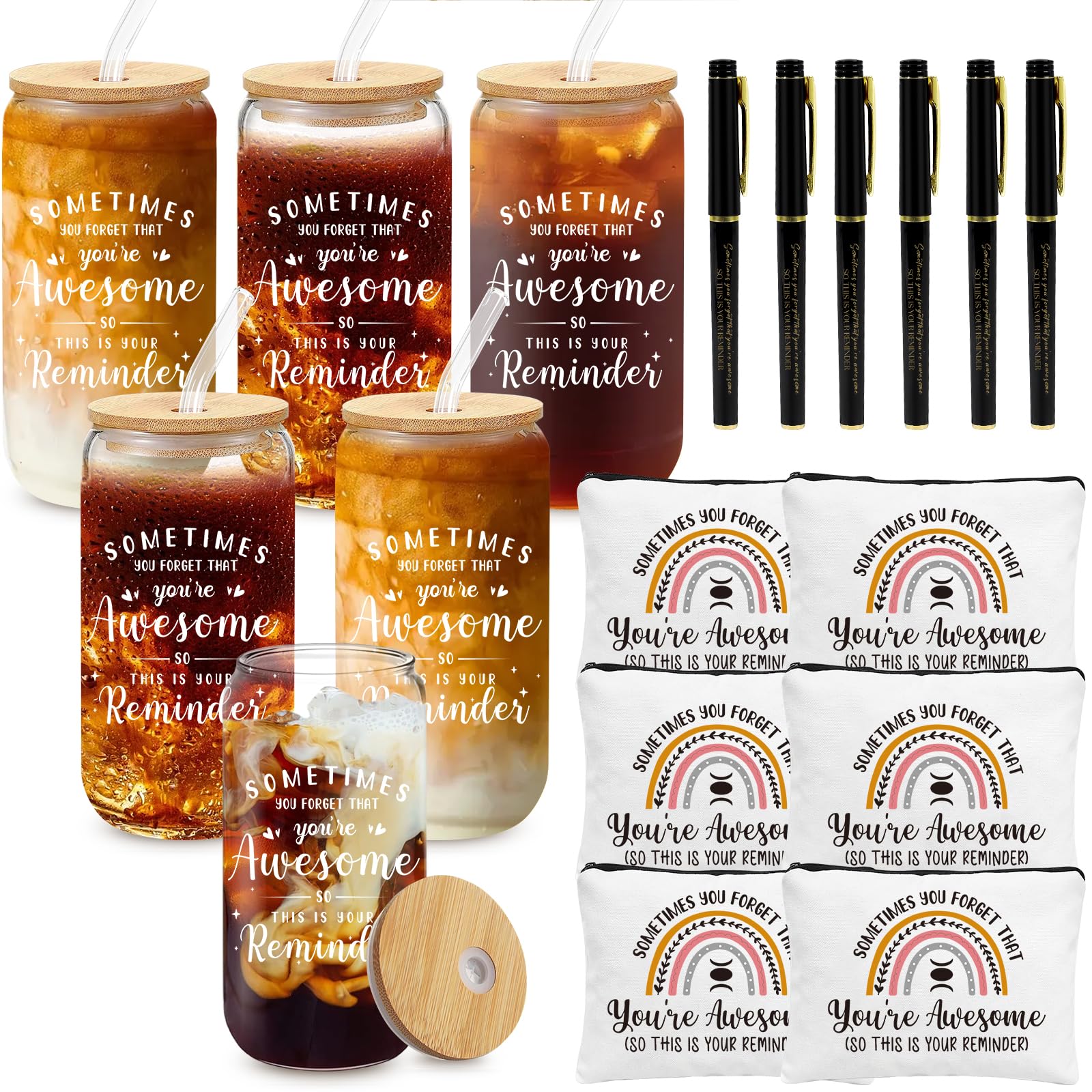 GiftPioneer 6set glass cups with lids and straws, ideal for beverages at work celebrations.