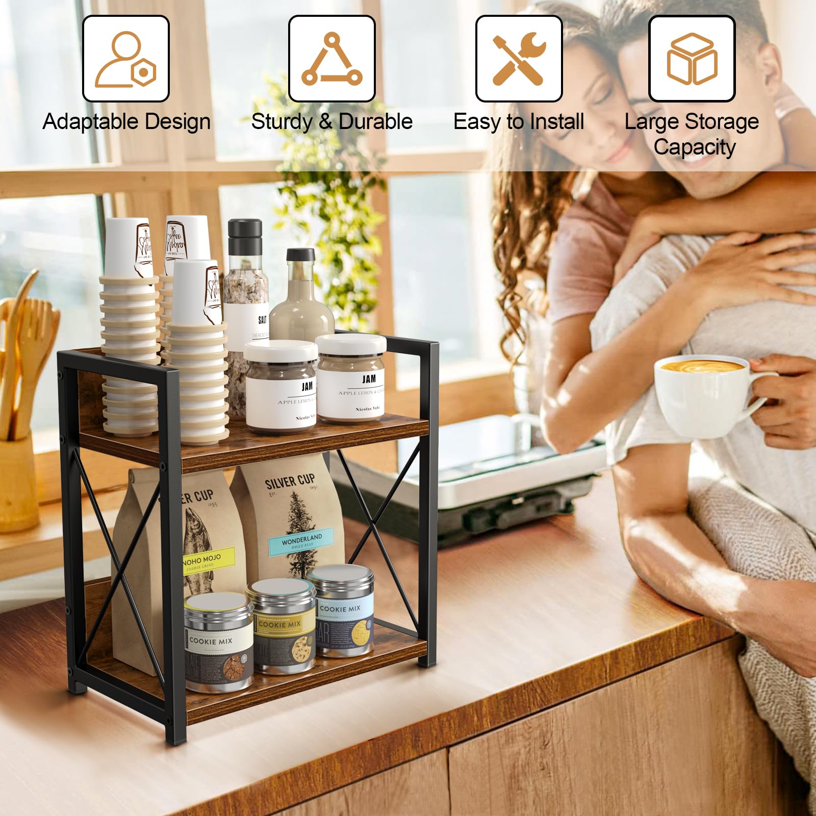 Giikin brown wood shelf used as coffee station organizer.
