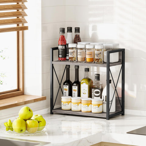 Giikin coffee bar shelf closeup highlights rustic wood with matte black metal.
