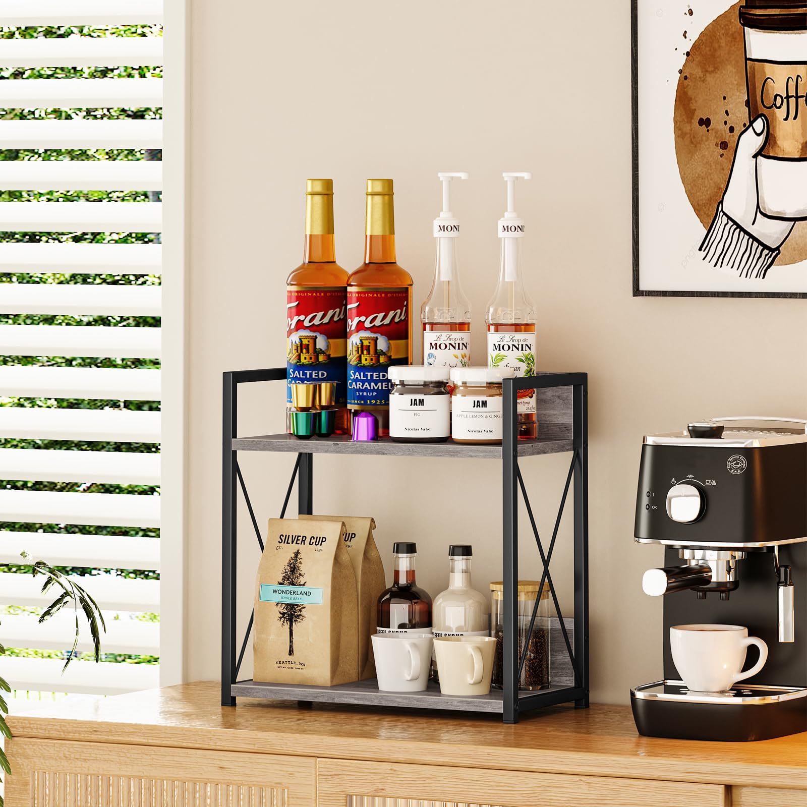Giikin coffee bar shelf with spices and coffee essentials neatly stored.
