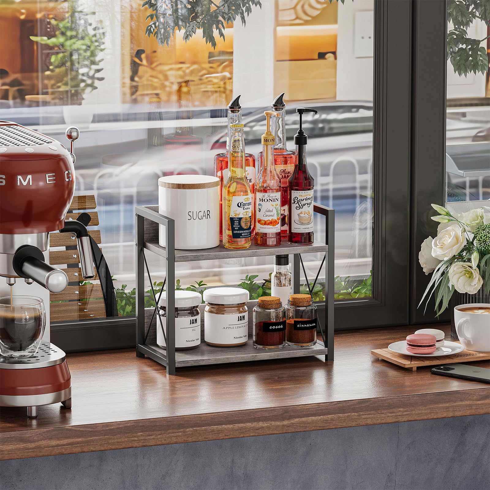 Giikin coffee bar organizer wood keeps pods and cups within reach.