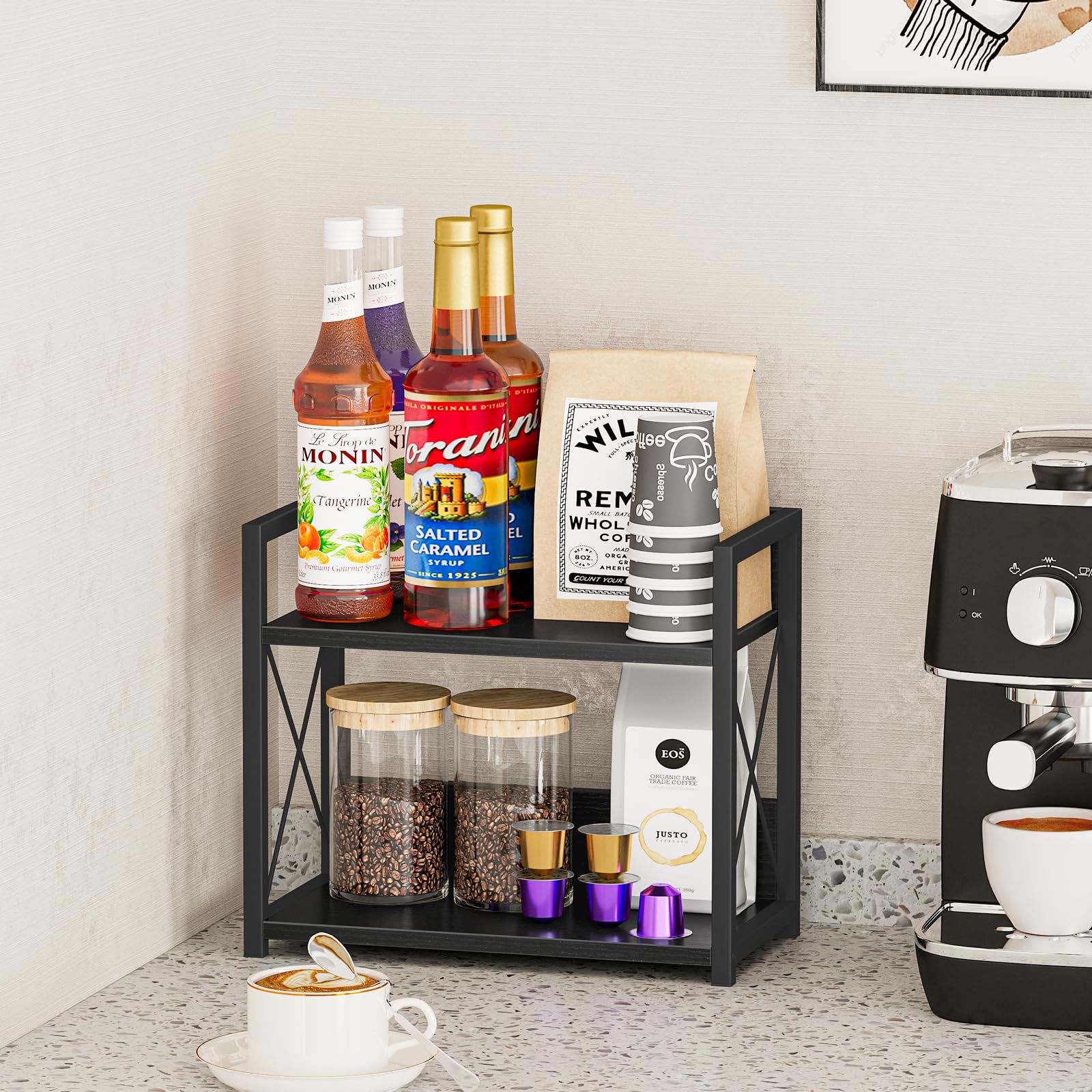 Giikin Kitchen Counter Shelf black matte frame complements modern kitchen decor.