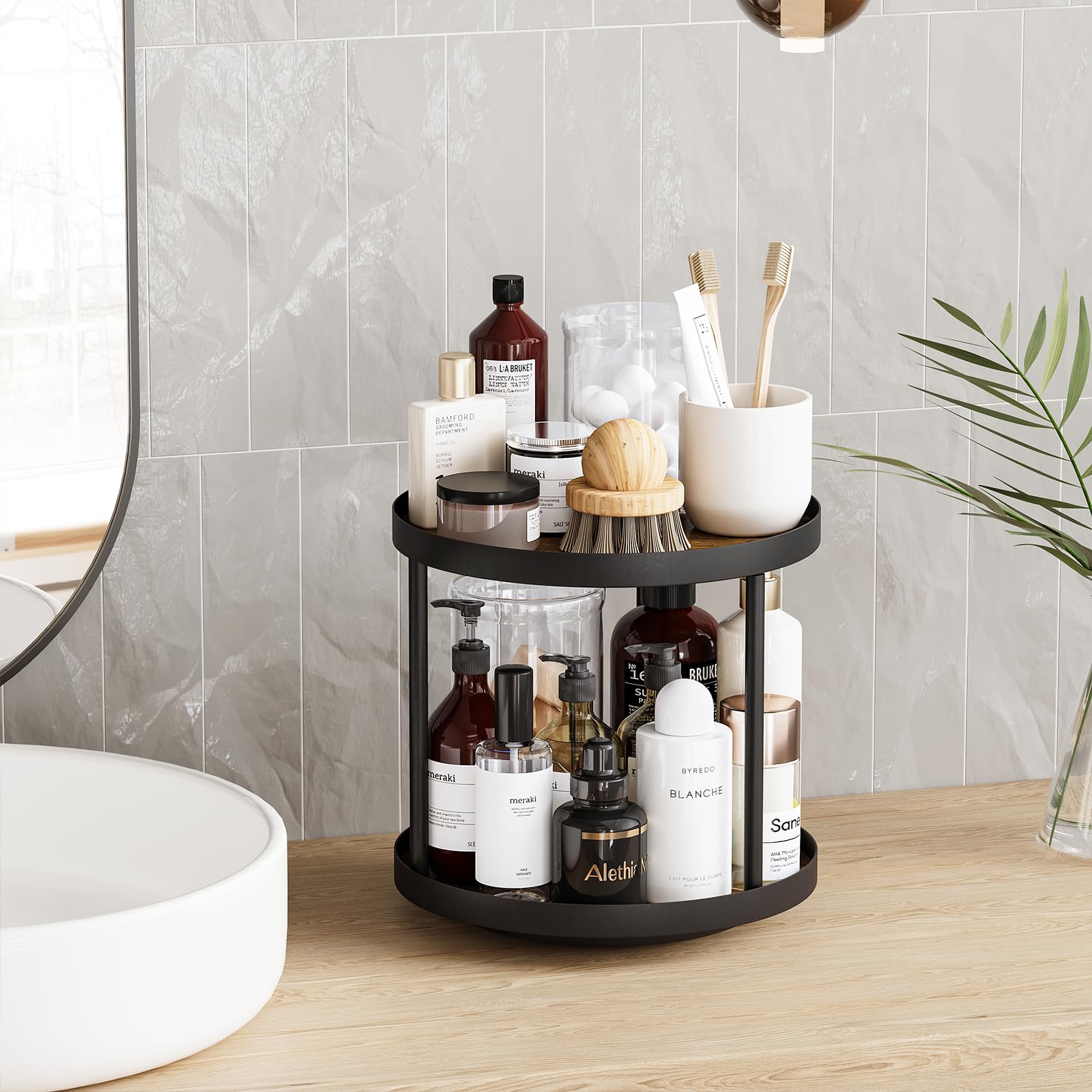 Giikin space-saving two-tier organizer keeps coffee and snacks within reach.